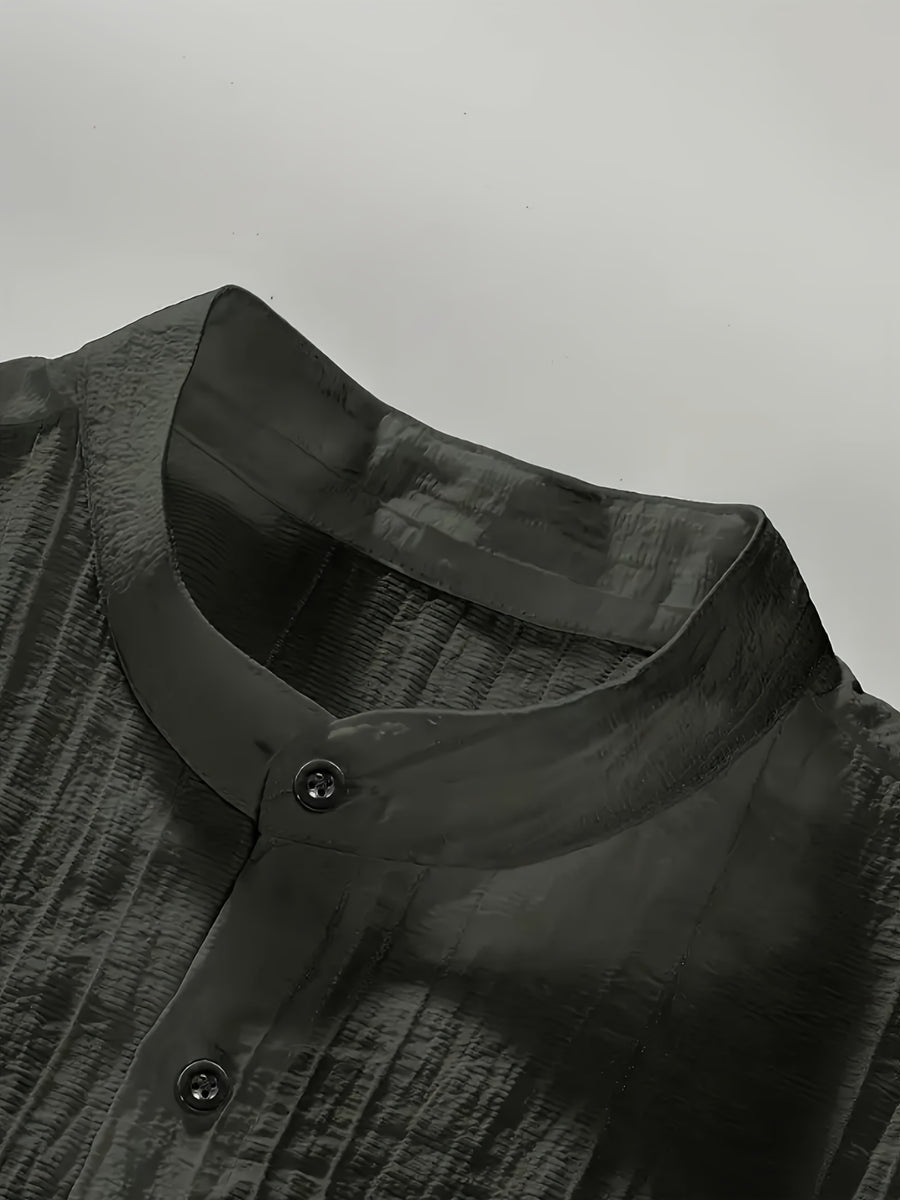[Know And Give OBM] Men'S Long Sleeve Button-Casual Beach Shirt - Spring Summer Autumn, Commute Style, Light Mature Casual, All-Match Top, Beach Wear, Stand Collar Shirt with Relaxed Fit, Men'S Solid Color, Comfortable Top - Dark Gray