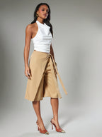 Women'S Sexy Casual Solid Color Slim Fit Wrap Wide Leg Bermuda 7-Point Pants with Tie Detail - Khaki