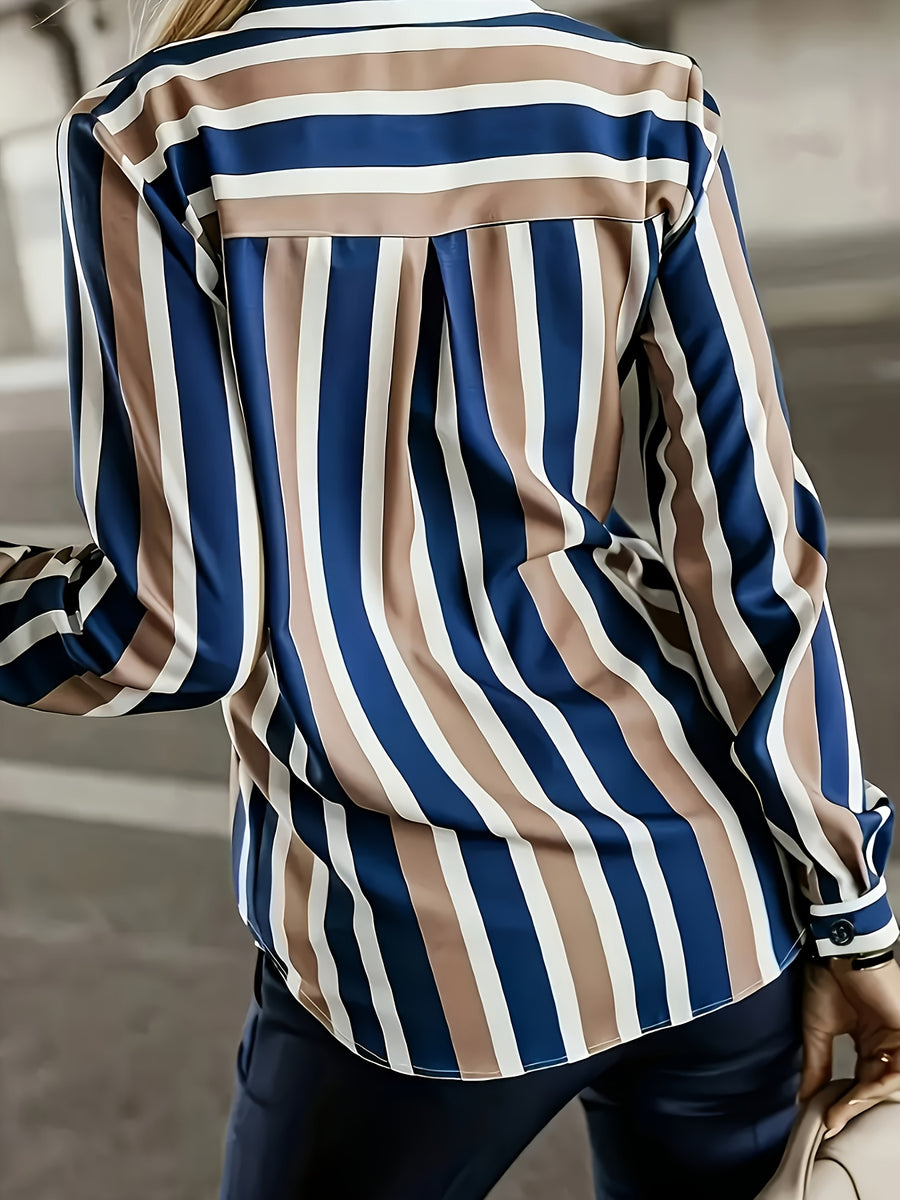 Elegant Women'S Long-Sleeve Striped Shirt for Spring And Autumn with Pockets - Multicolor