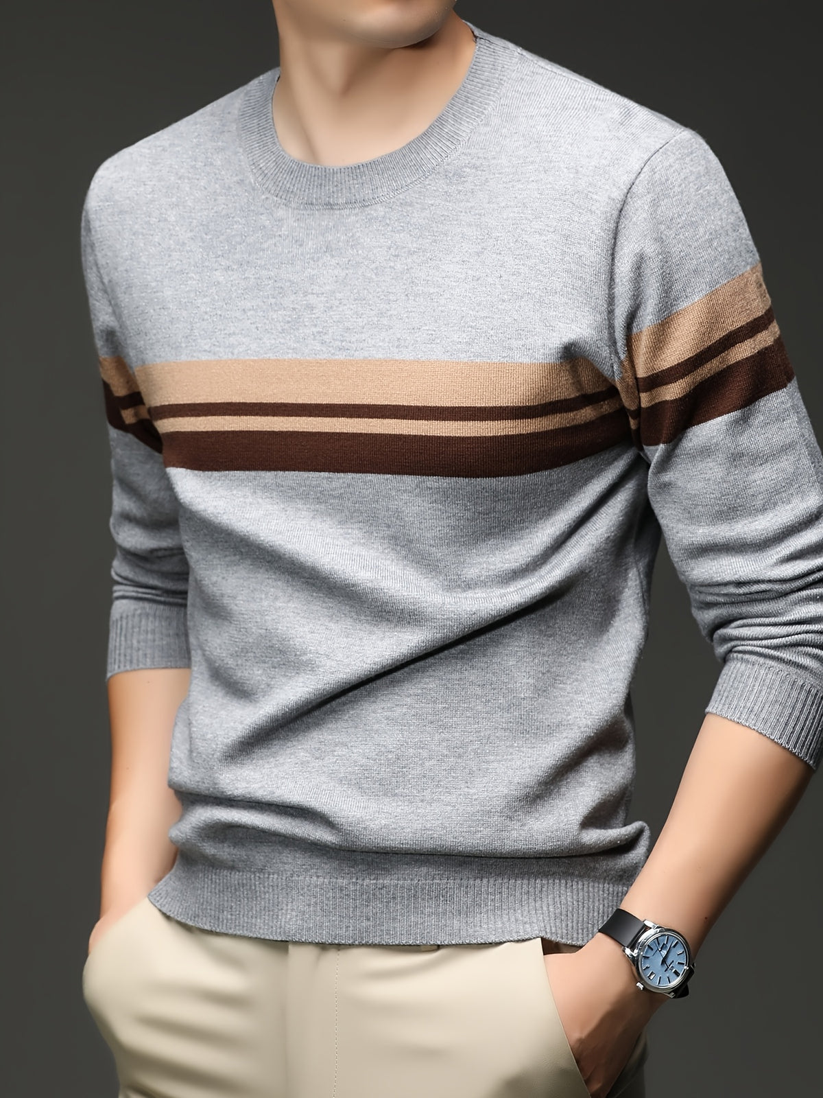 [Wading Whale OBM] Spring/Autumn New Men'S Knit Pullover Sweater, Old Money Style Color-Block Ribbed Round Neck Long Sleeve Knit Pullover for Men, Business Casual Fashion Ribbed Sweater, Suitable for Spring, Autumn, Winter Layering Or Inner Wear - Light Grey