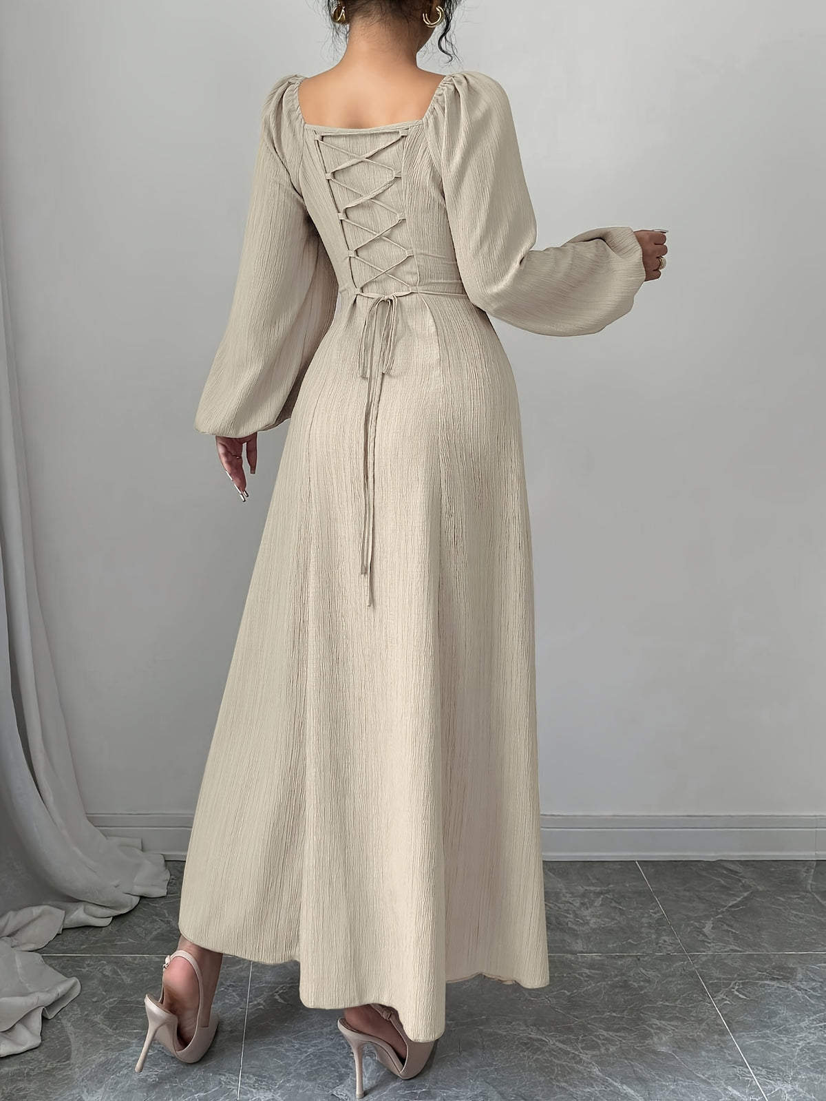 Elegant Women's Long Dress with Square Neckline, Lantern Sleeves, Pleats, and Back Bow, Solid Color, Suitable for Autumn Long Wear - Khaki