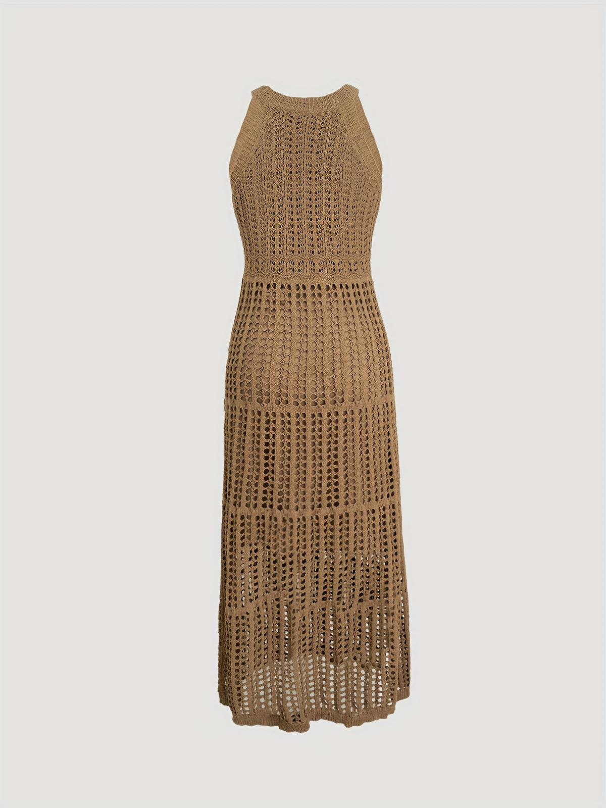 Women's Casual Sleeveless Halter Neck Sweater Dress - Lightweight Knit Long Flowy Dress with Cut-Out Details, Semi-Sheer Solid Color for Spring & Fall, Hand Wash/Dry Clean - 【Brown】