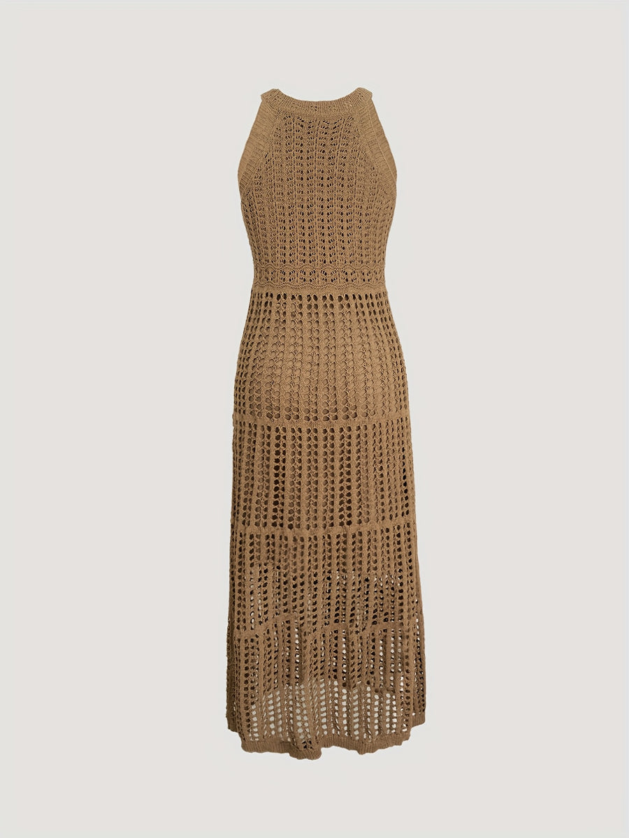 Women's Casual Sleeveless Halter Neck Sweater Dress - Lightweight Knit Long Flowy Dress with Cut-Out Details, Semi-Sheer Solid Color for Spring & Fall, Hand Wash/Dry Clean - 【Brown】