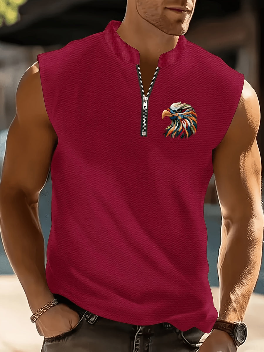 Men'S Summer New Style Sleeveless Zipper Henley Shirt, Outdoor Fitness Sports Comfortable Casual Fashion Sleeveless POLO Top - Burgundy