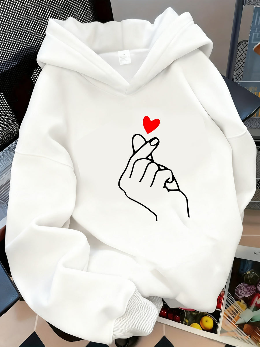 A Stylish And Minimalist Hoodie with a Heart Gesture Print, Perfect for Casual Wear, Campus Life, And Couples. This Versatile Long-Sleeve Sweatshirt Is Comfortable for Autumn And Winter - White