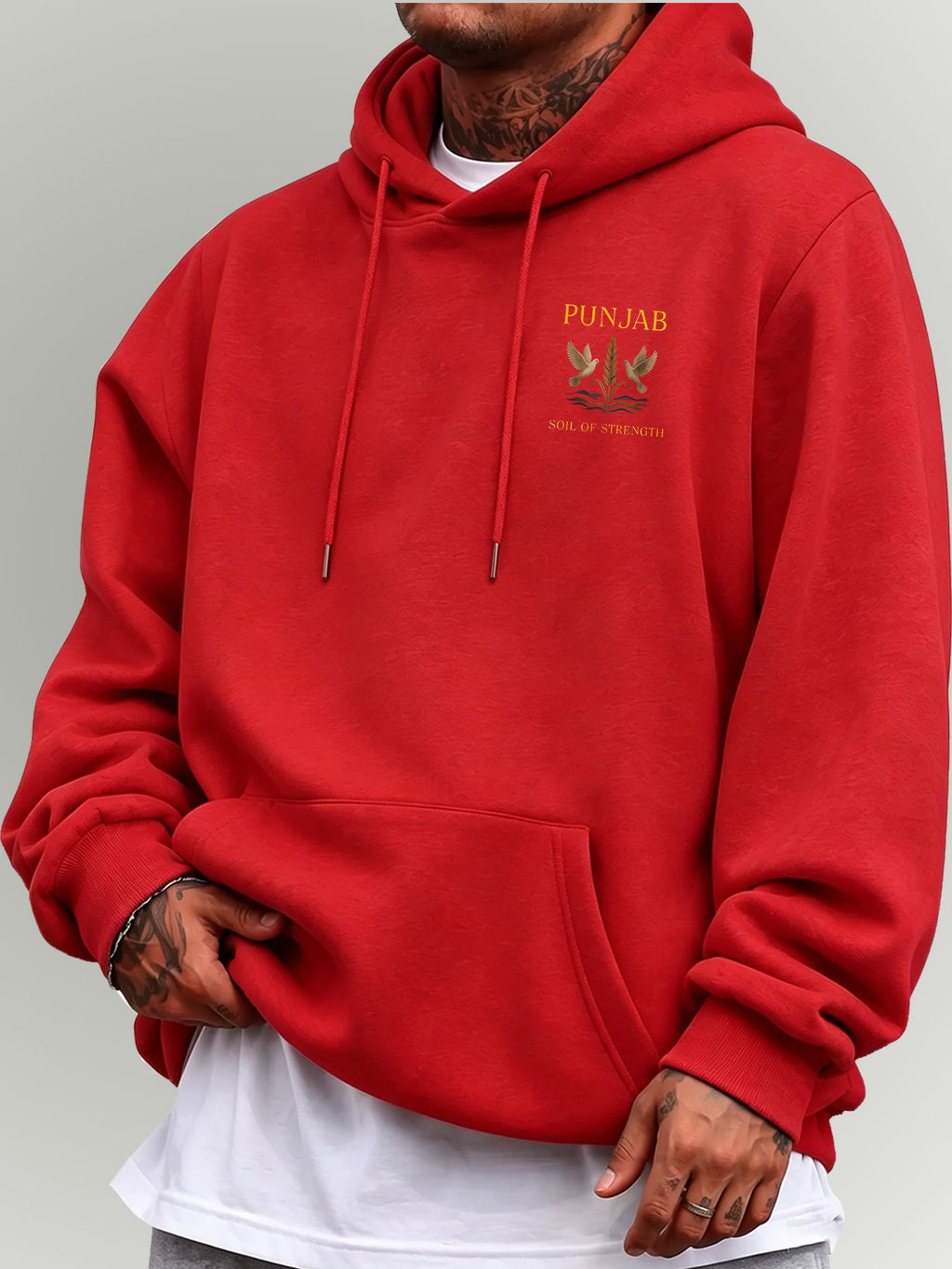 Men'S Hooded Sweatshirt PUNJAB Wheat Print Western Regional Style Mature Men'S Top - Red