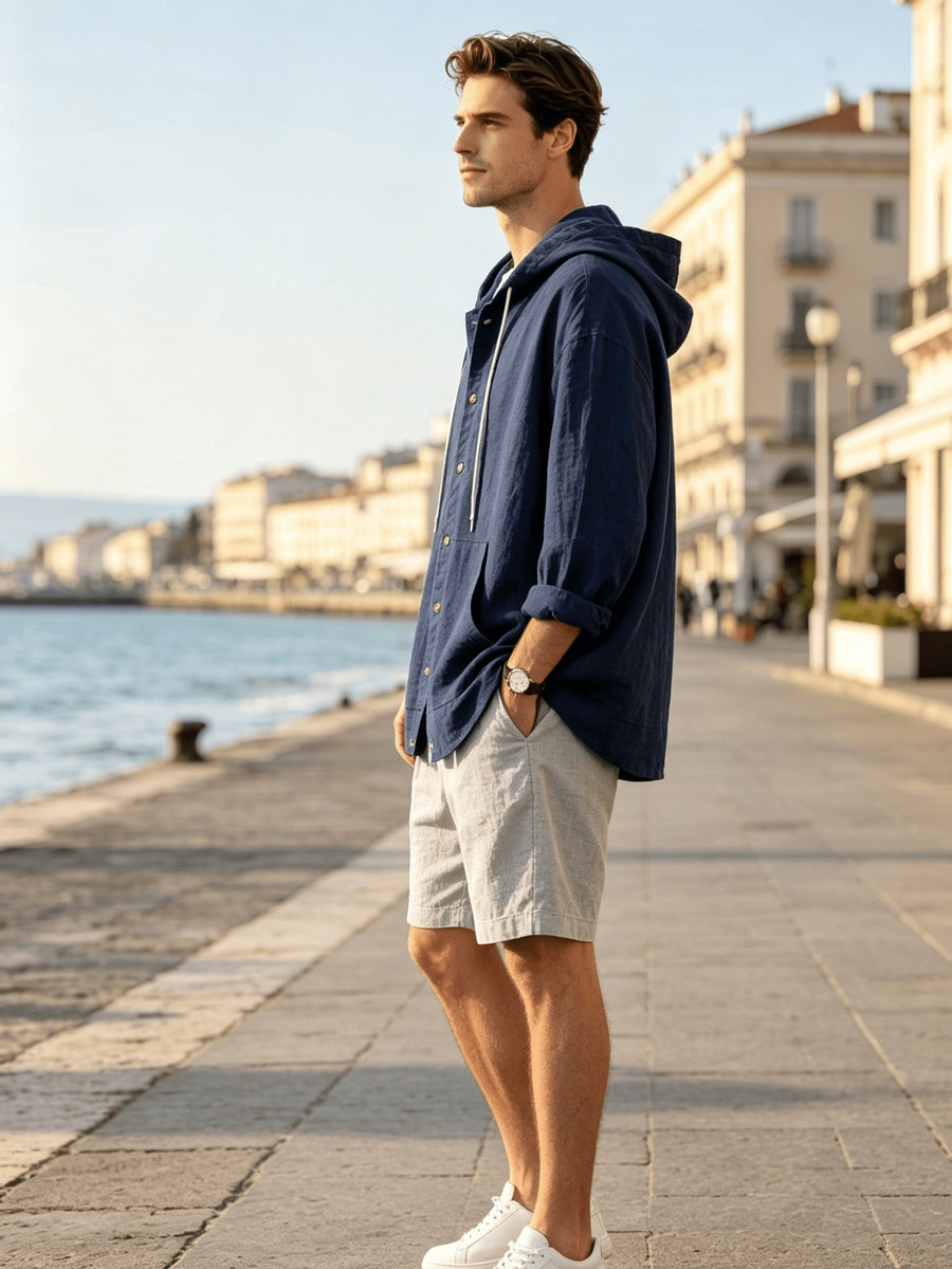 2026 New Men's Hooded Shirt, Soft and Breathable Linen Fabric, for Vacation, Travel, Leisure, Outdoor Fishing, and Beach - Navy Color