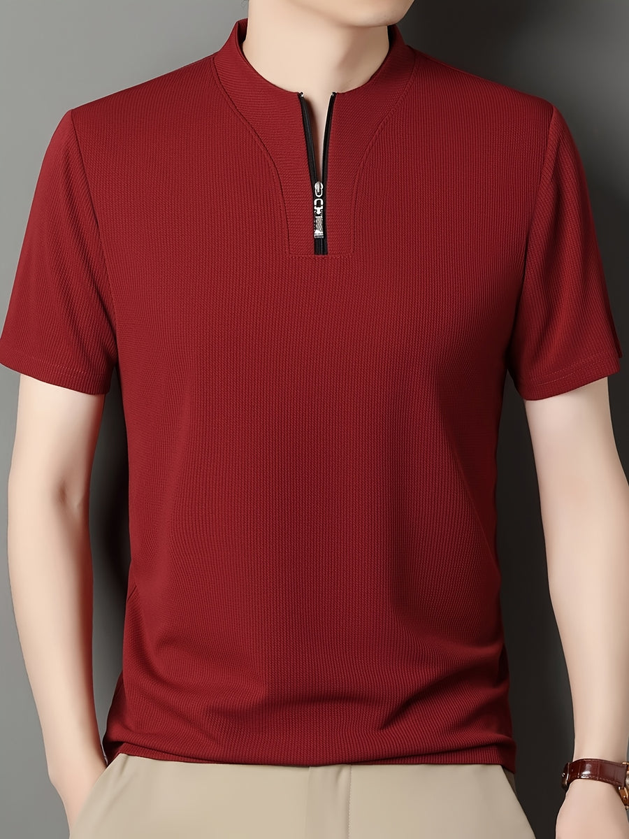 SaXing OBM New Spring/Summer Men's Polo Shirt, Solid Color Textured Ribbed Cable Knit Half-Placket Zipper Style Stand Collar Short Sleeve T-Shirt, Men's Business Casual Fashionable Breathable Versatile Henley Knit Pullover Base Layer Top - Brick Red