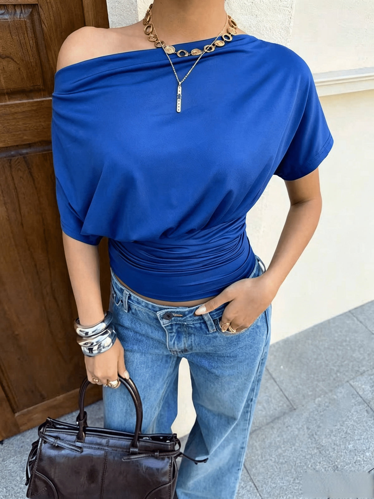 Gauze Off-Shoulder Short-Sleeve Top, Open-Shoulder One-Piece T-Shirt - Blue