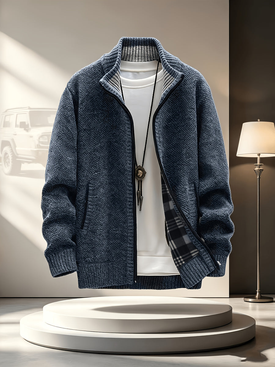 Men'S Stand Collar Zip-Up Knitted Cardigan for Fall Winter, Solid Color Long Sleeve Fleece Lined Casual Sweater Coat, Slim Fit And Versatile for Daily Wear - Navy Color