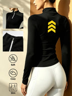 Autumn Winter Women'S Solid Color Semi-High Neck Long Sleeve Base Layer, Half-Zip Tight Top, Outdoor Warm Layering Top - Black