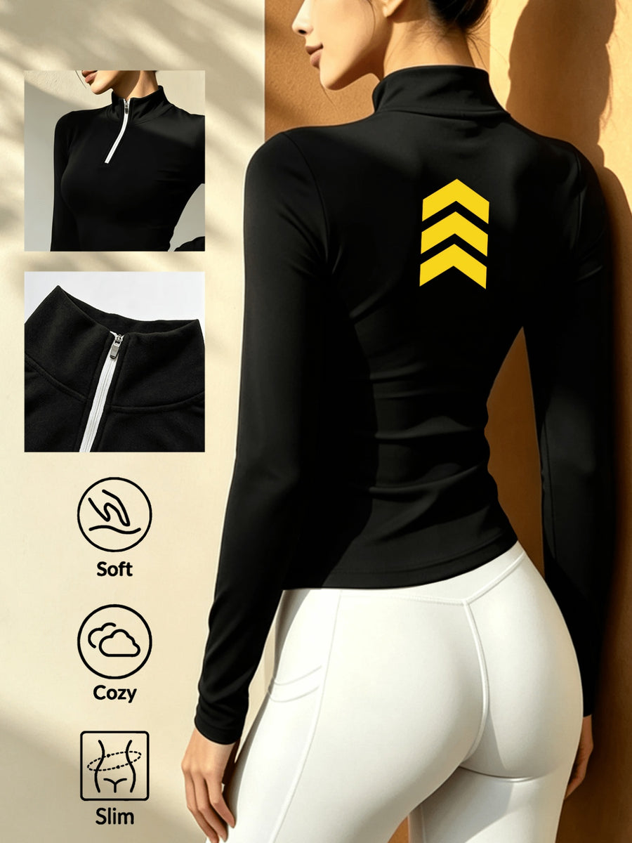 Autumn Winter Women'S Solid Color Semi-High Neck Long Sleeve Base Layer, Half-Zip Tight Top, Outdoor Warm Layering Top - Black