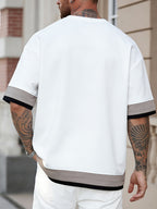 [Joshmay Obm] Summer Men'S Fake Two-Piece Contrast Short Sleeve T-Shirt, Loose Round Neck Trendy Casual Half Sleeve Top - White