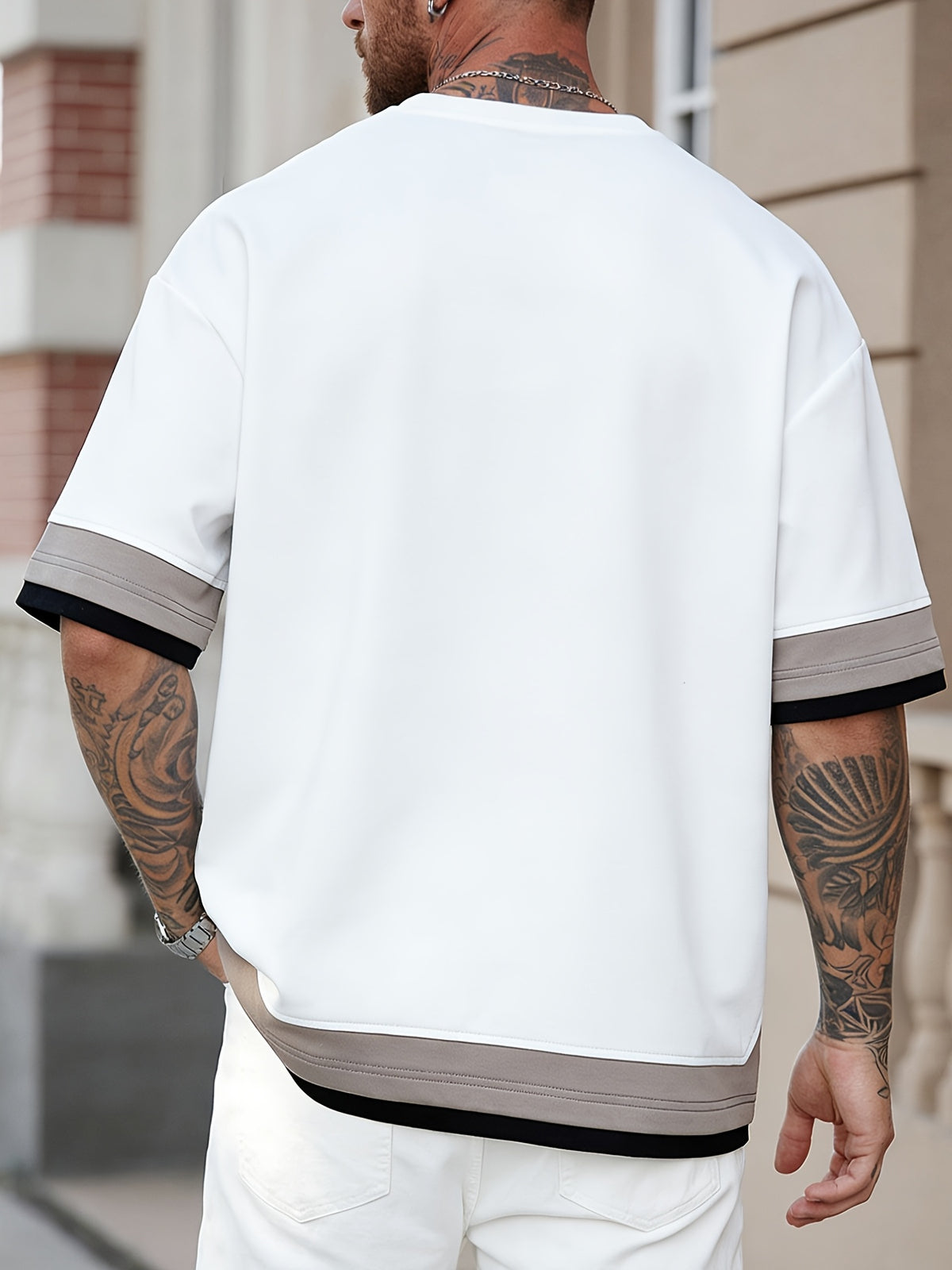 [Joshmay Obm] Summer Men'S Fake Two-Piece Contrast Short Sleeve T-Shirt, Loose Round Neck Trendy Casual Half Sleeve Top - White