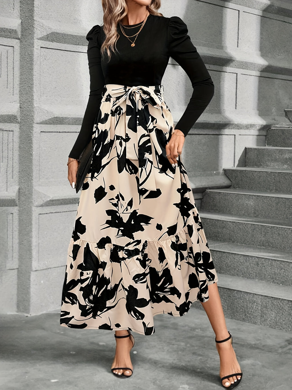 Women's Elegant Spliced Print Contrast Color Tie Dress - Multicolor