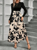 Women's Elegant Spliced Print Contrast Color Tie Dress - Multicolor