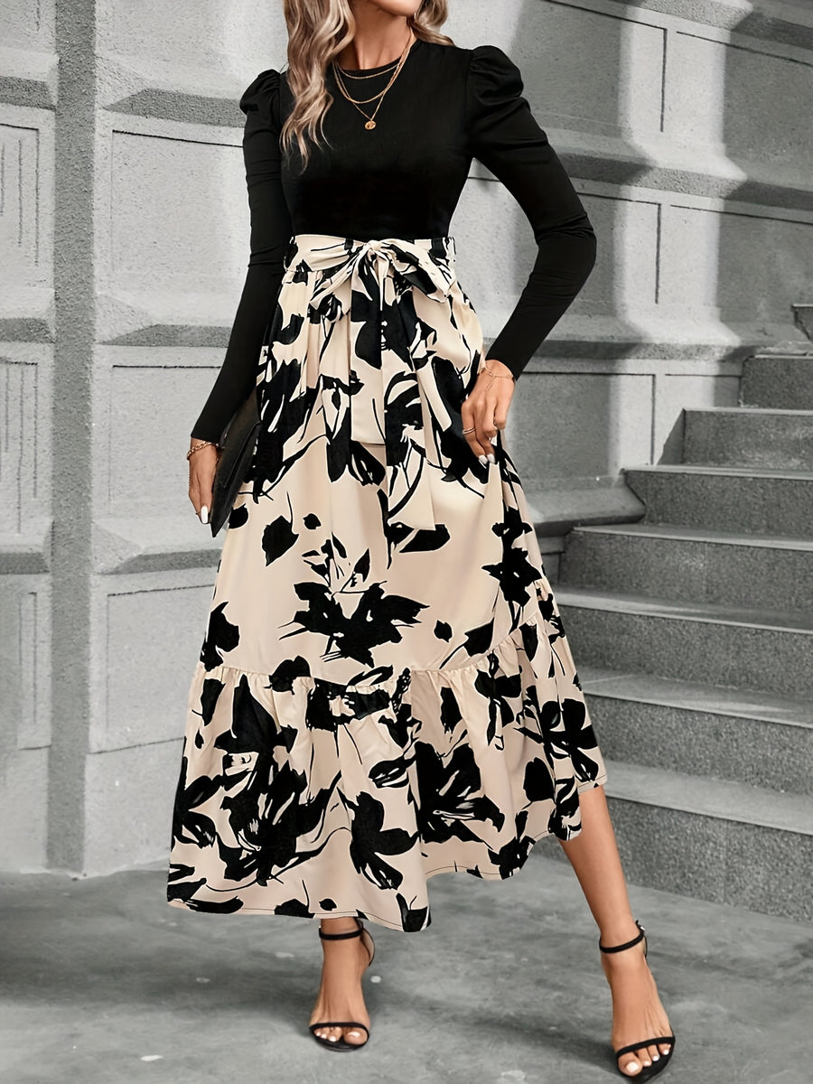 Women's Elegant Spliced Print Contrast Color Tie Dress - Multicolor
