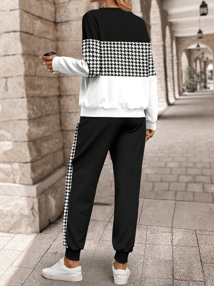 Ms. Emily Rose'S Long-Sleeve Houndstooth Patchwork Sweatshirt And Long Pants Two-Piece Set for Spring And Autumn - Houndstooth