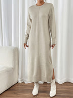 Long Dress, Round Neck Women'S Elegant Casual Commuter Fashion Loose Straight Tube Dress, Autumn Winter Long Dress - Khaki