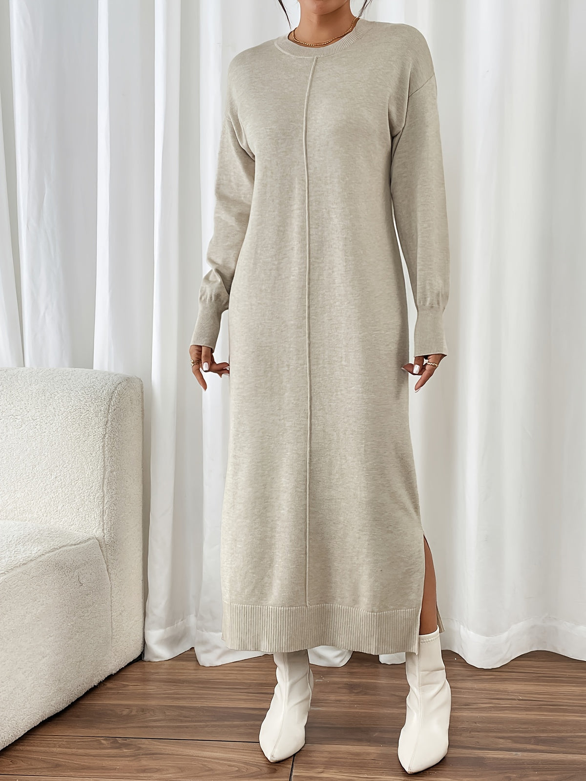 Long Dress, Round Neck Women'S Elegant Casual Commuter Fashion Loose Straight Tube Dress, Autumn Winter Long Dress - Khaki