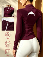 Stand-Collar Half-Zip Long Sleeve T-Shirt, Autumn Winter Warm Semi-High Neck Base Layer Top - Burgundy