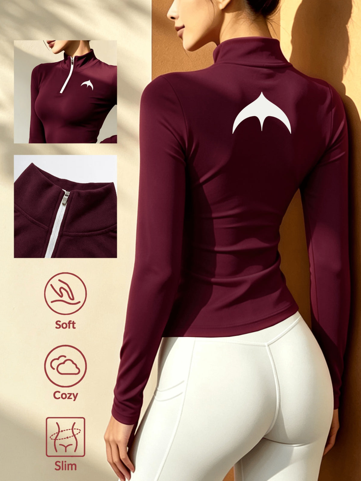 Stand-Collar Half-Zip Long Sleeve T-Shirt, Autumn Winter Warm Semi-High Neck Base Layer Top - Burgundy