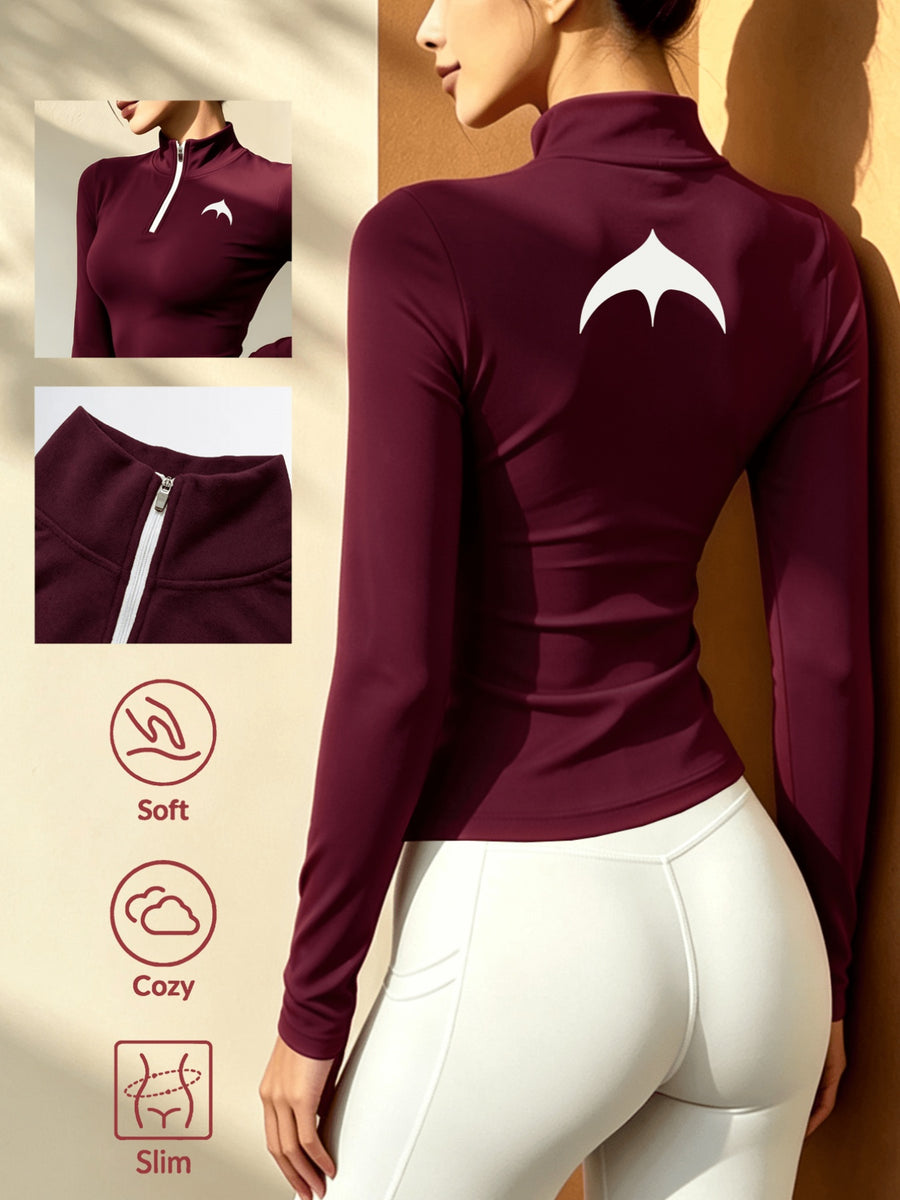Stand-Collar Half-Zip Long Sleeve T-Shirt, Autumn Winter Warm Semi-High Neck Base Layer Top - Burgundy