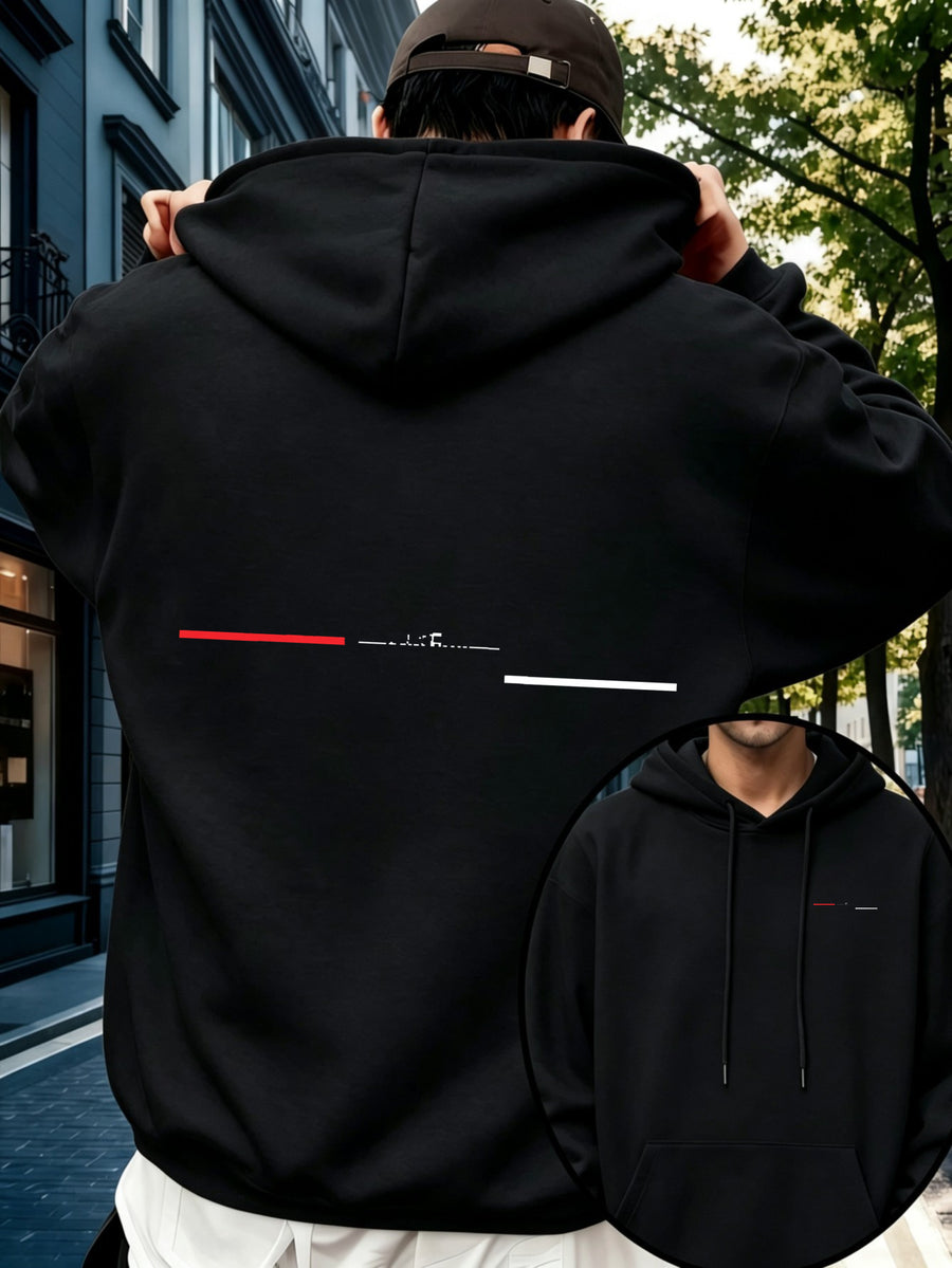 Men'S Hoodie, Casual Daily Wear, Minimalist Line Graphic Print, Pullover Sweatshirt, Streetwear Style, Autumn Winter Outdoor, Red And White Stripe Detail - Black