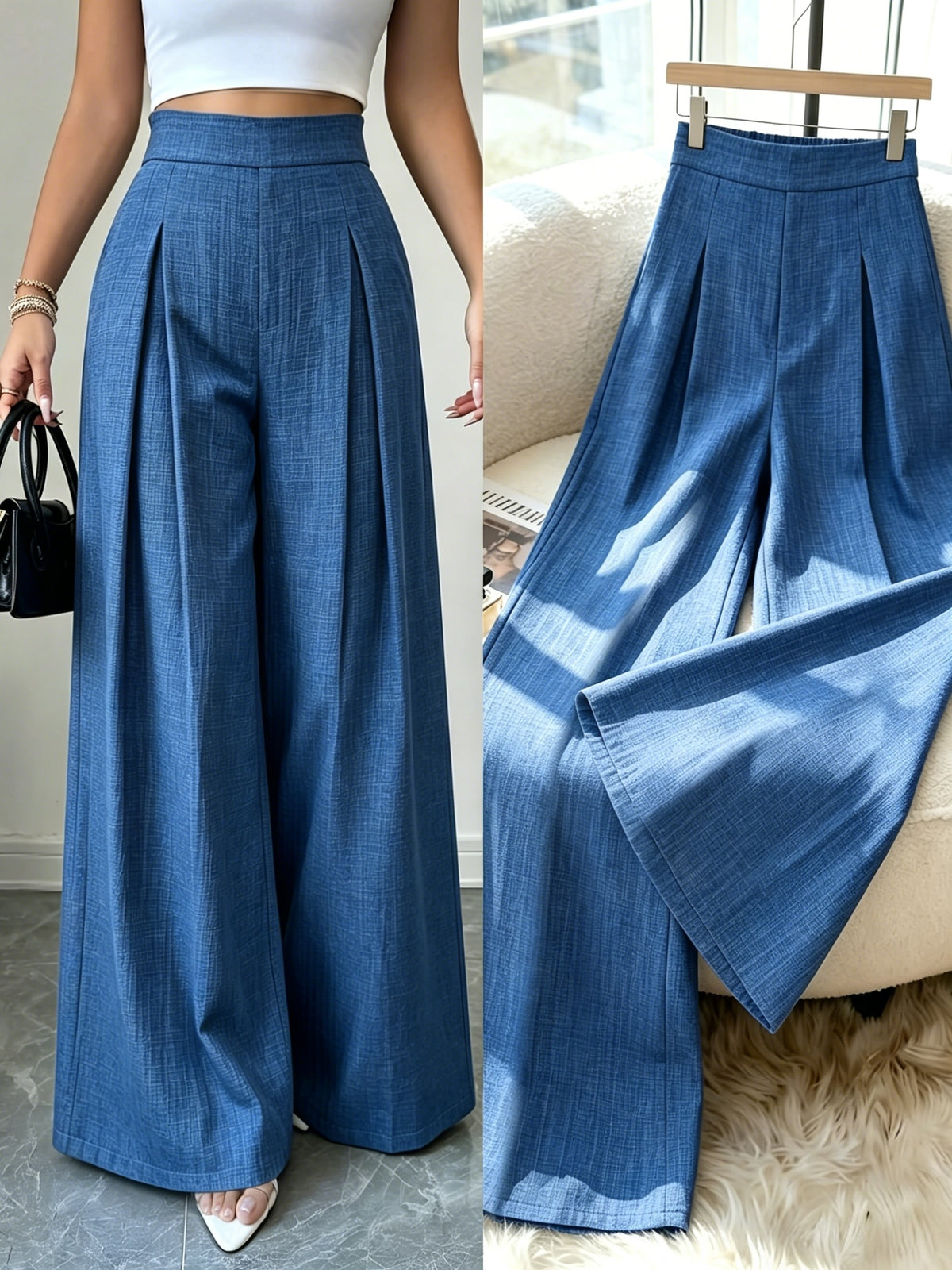 Women'S Dusty Blue Striped Trousers, High-Waist Elegant Summer Commuter Casual Pleated Elastic Waist Wide-Leg Pants, Suitable for Spring And Autumn - Blue