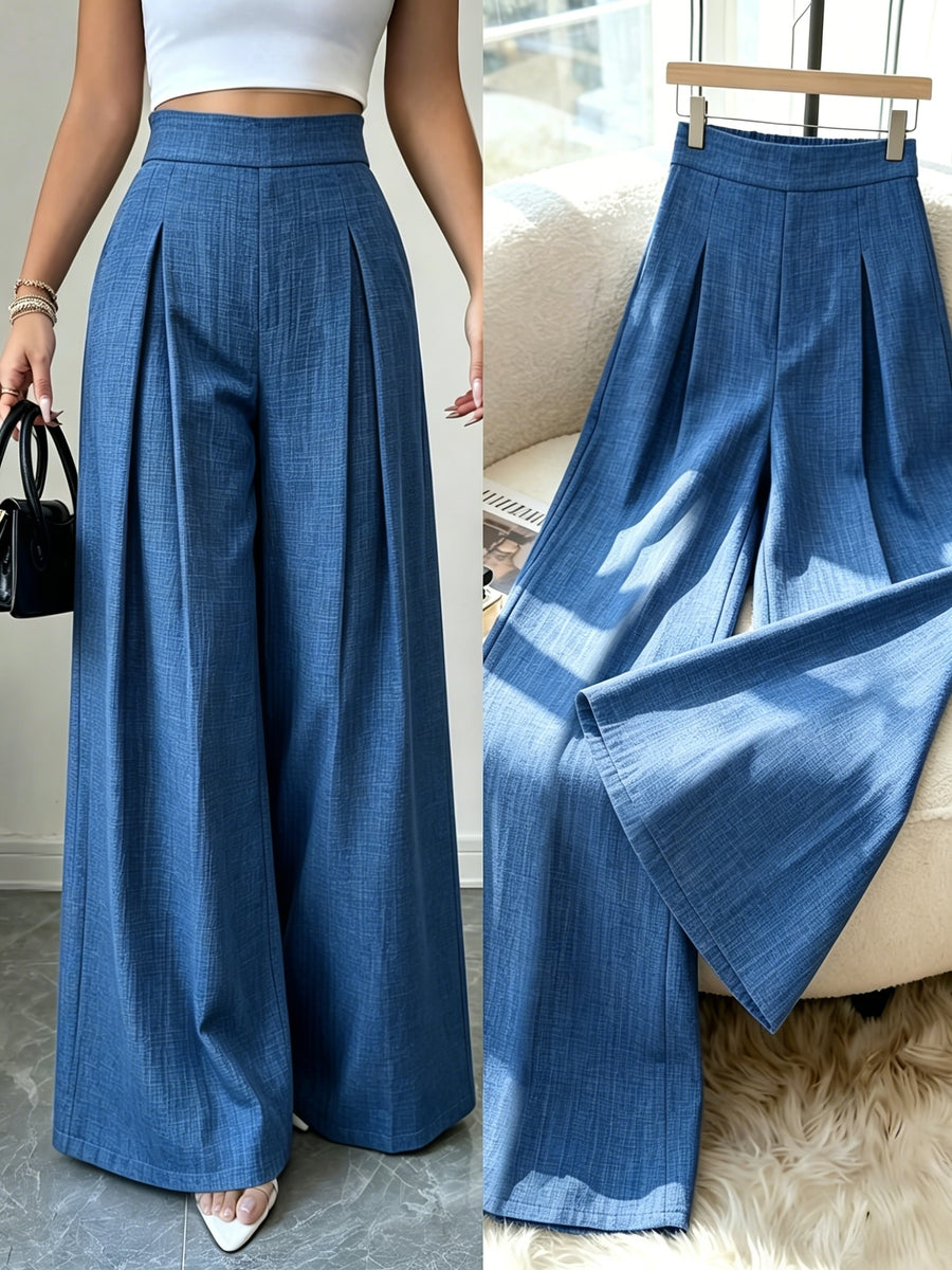 Women'S Dusty Blue Striped Trousers, High-Waist Elegant Summer Commuter Casual Pleated Elastic Waist Wide-Leg Pants, Suitable for Spring And Autumn - Blue