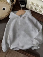 Fun 1pc Hooded Sweatshirt with Hand-Drawn Cute Little Black Cat Illustration Featuring a Butterfly, Pet Element, and Adorable Style Apparel Print - Light Grey