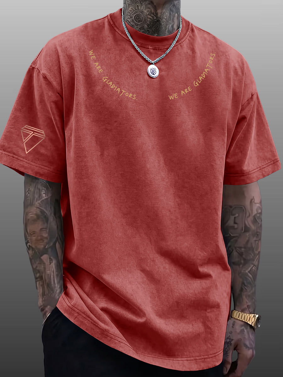 Short Sleeve T-Shirt Men'S Loose Washed Distressed Top Arched Text Triangle Geometric Trendy Print Multi-Color Casual Matching American Street High Street Hip-Hop Couple Style Short Sleeve Daily Outing Commuting Sports Fitness Street Style Y2K Top - Burgundy