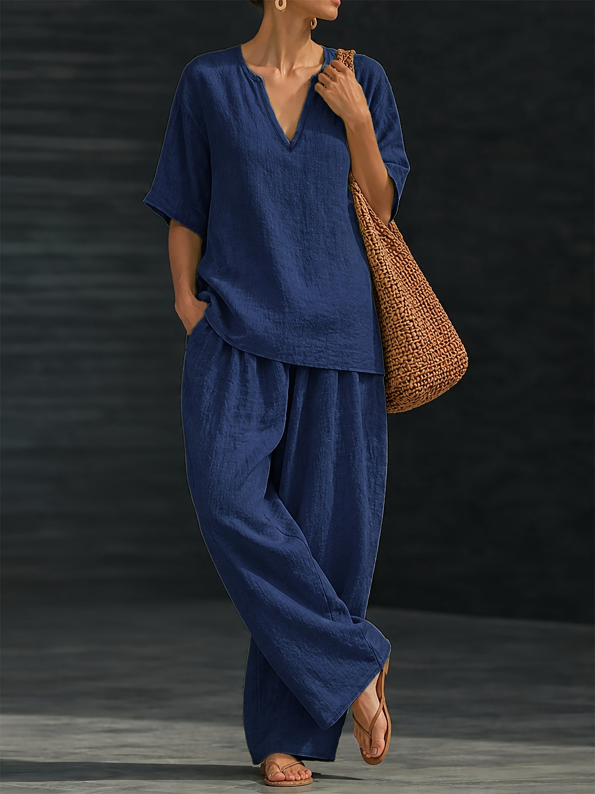 Women's Summer Casual 2pcs Set: Loose V-Neck Top + Wide-Leg Pants - Navy Color