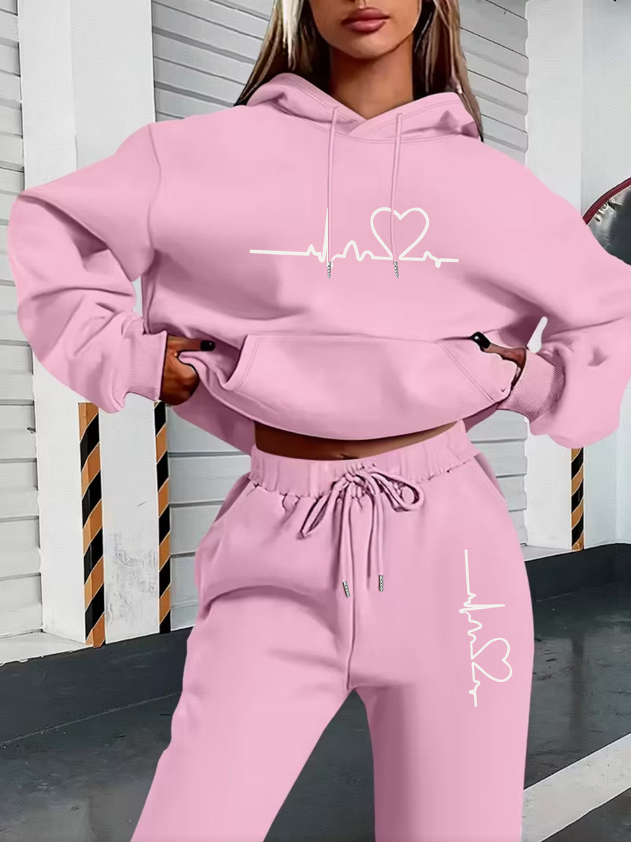 Autumn And Winter ECG Heart Pattern Printed Women'S European And American Fashion Fleece Hooded Sweatshirt Set for ' Casual Wear - Pink Color
