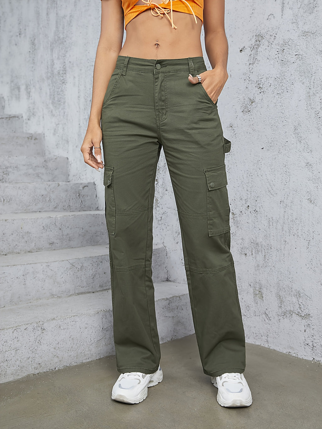 High-Waisted Workwear Jeans - Fashionable 90s Retro Street Style - Spacious Pockets, Wide Legs, Y2K Vintage Workwear Trend - Olive Green