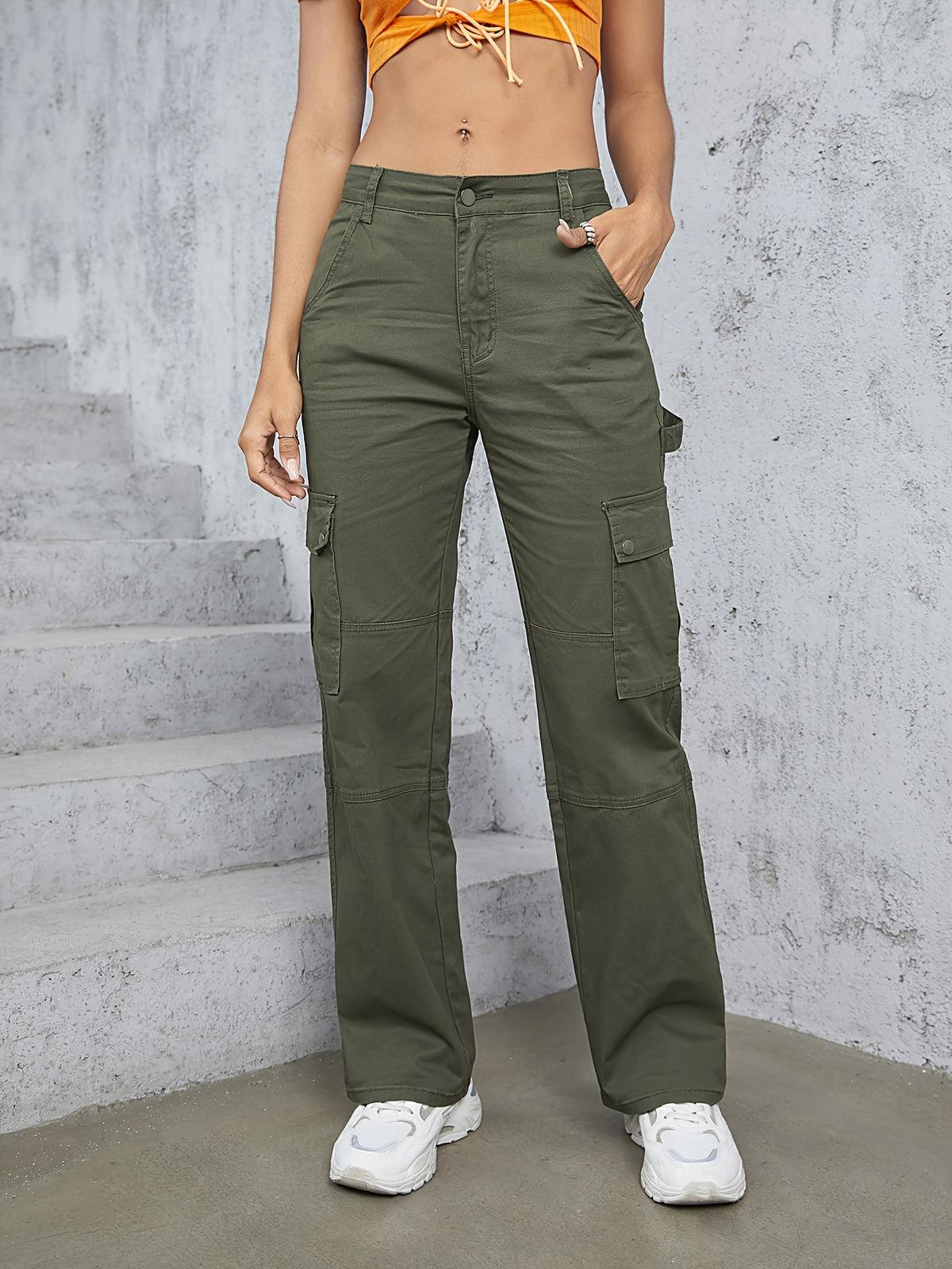 High-Waisted Workwear Jeans - Fashionable 90s Retro Street Style - Spacious Pockets, Wide Legs, Y2K Vintage Workwear Trend - Olive Green