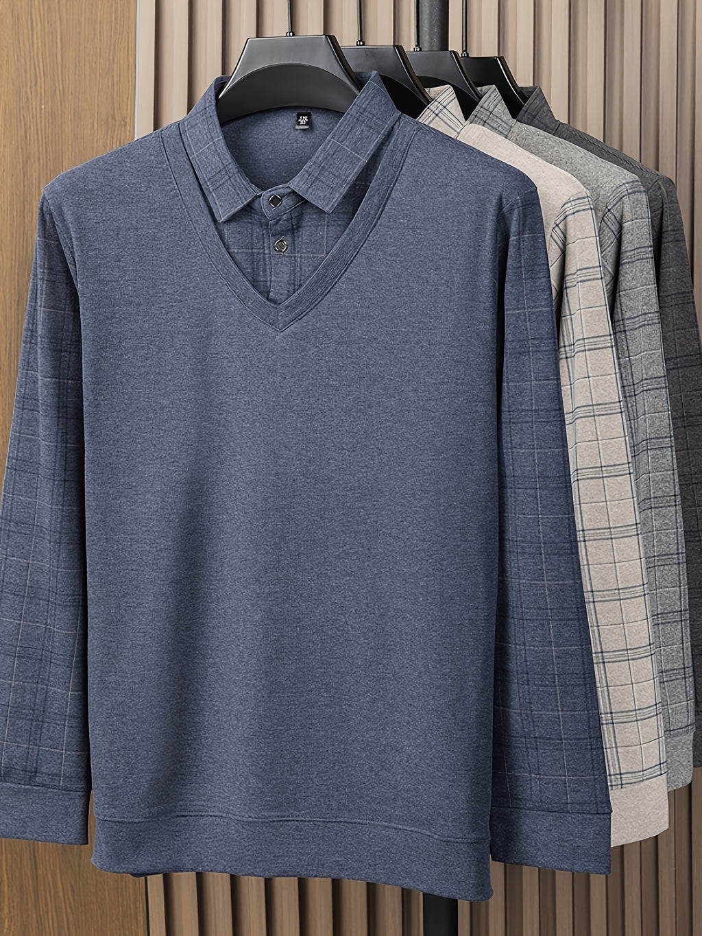 Men's 2-in-1 Look Long Sleeve Polo Shirt, Plaid Shirt Collar Spliced Top, Simple, Elegant, Delicate, and Skin-Friendly, Business Commute, Business Trip, Travel Top, Loose and Casual Men's Clothing for Home and Daily Wear, Available in Multiple Colors - Blue