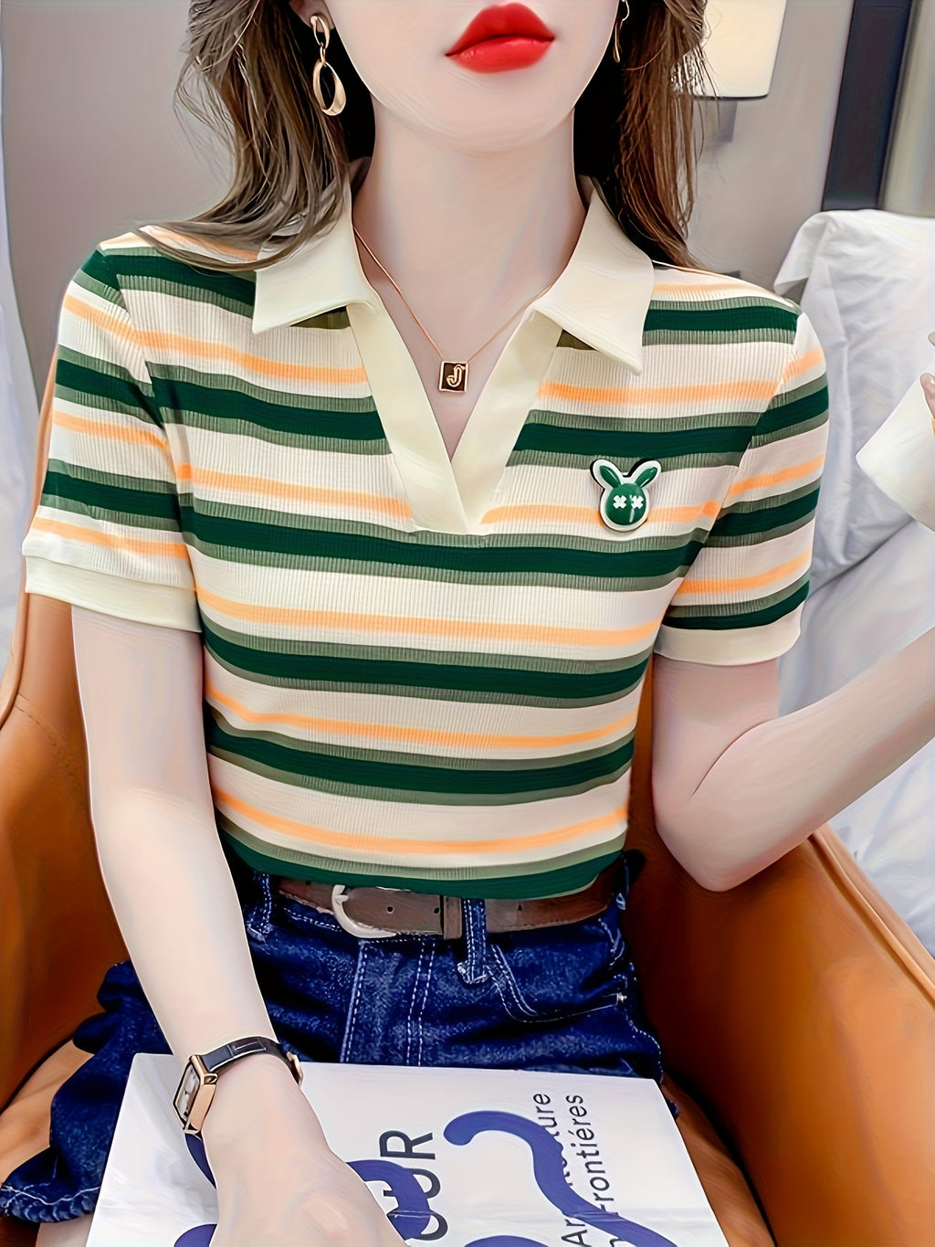 Summer Short-Sleeved T-Shirt for Women, 2025 New Style, Elegant Color-Blocking Stripes, Slim-Fit, Halfopen Collar, Short Top - Stripe