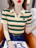 Summer Short-Sleeved T-Shirt for Women, 2025 New Style, Elegant Color-Blocking Stripes, Slim-Fit, Halfopen Collar, Short Top - Stripe