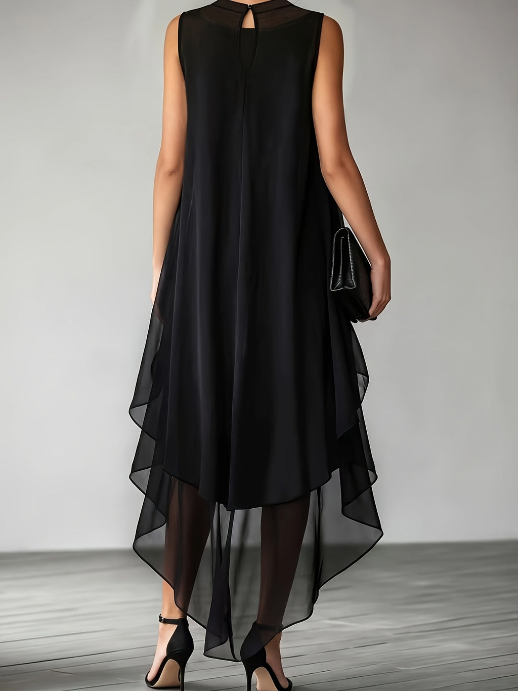 Asymmetric Layered Chiffon Cocktail Gown, 2pcs Set - Black