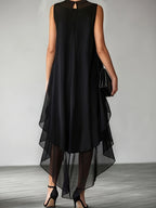 Asymmetric Layered Chiffon Cocktail Gown, 2pcs Set - Black