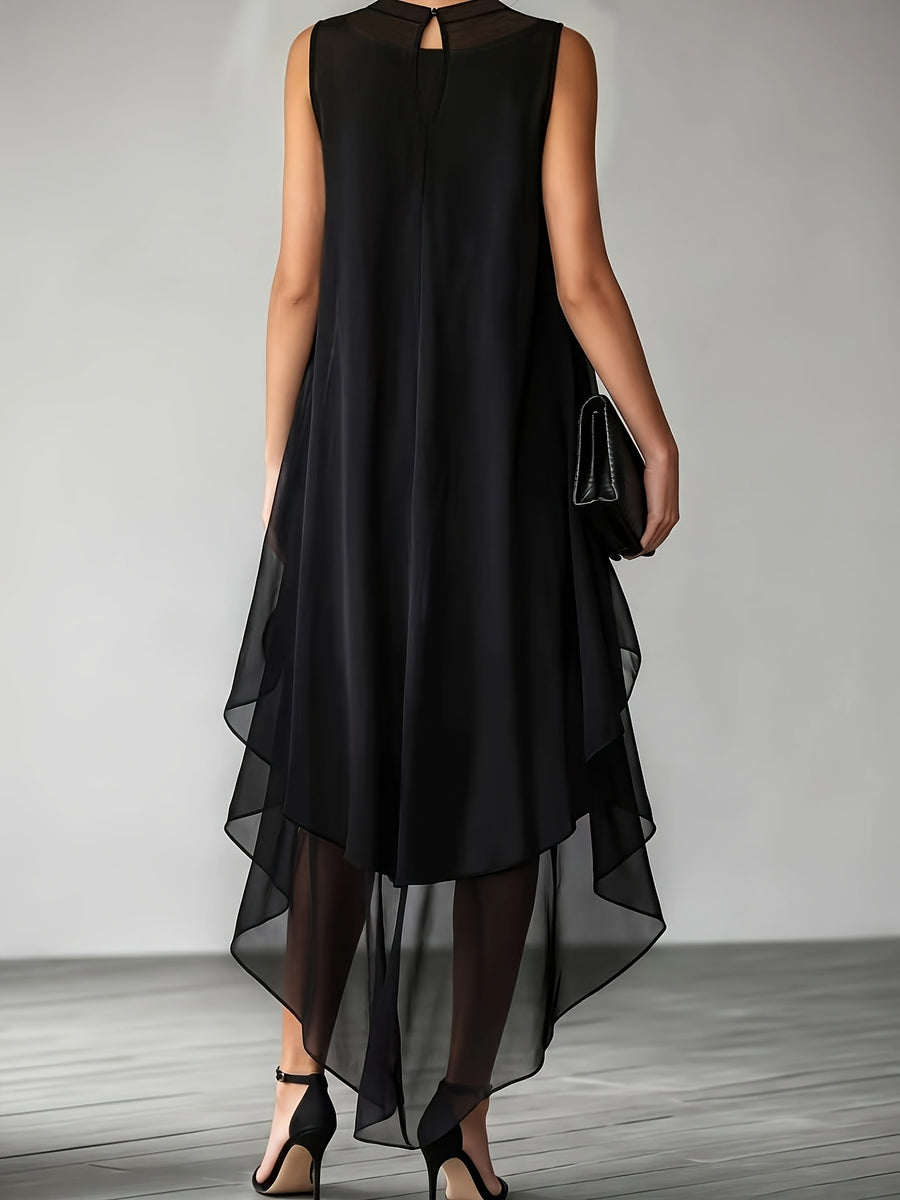 Asymmetric Layered Chiffon Cocktail Gown, 2pcs Set - Black