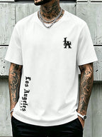Men's 100% Cotton Short Sleeve Crew Neck T-Shirt, American Los Angeles Vintage Street Style Print, Casual, Fashionable, Comfortable, Soft, Summer Short Sleeve - White