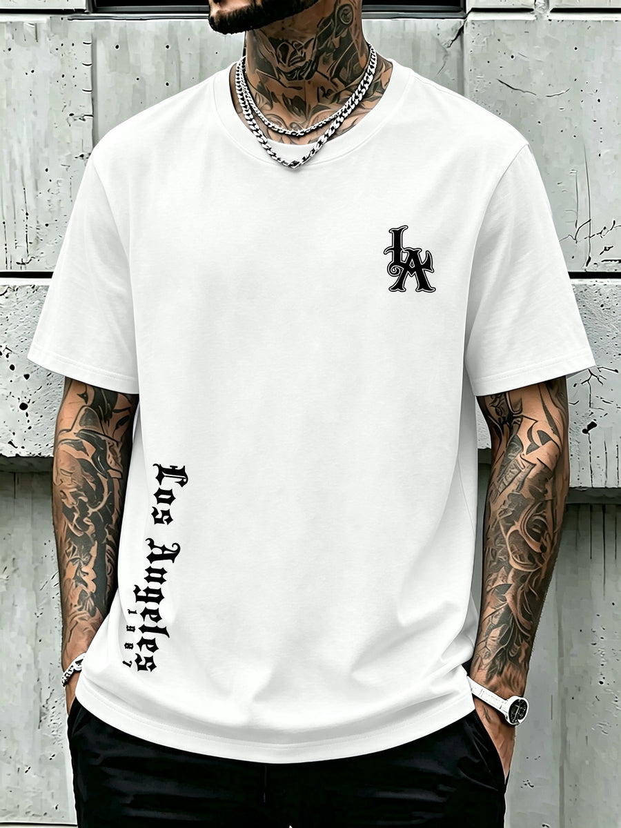 Men's 100% Cotton Short Sleeve Crew Neck T-Shirt, American Los Angeles Vintage Street Style Print, Casual, Fashionable, Comfortable, Soft, Summer Short Sleeve - White
