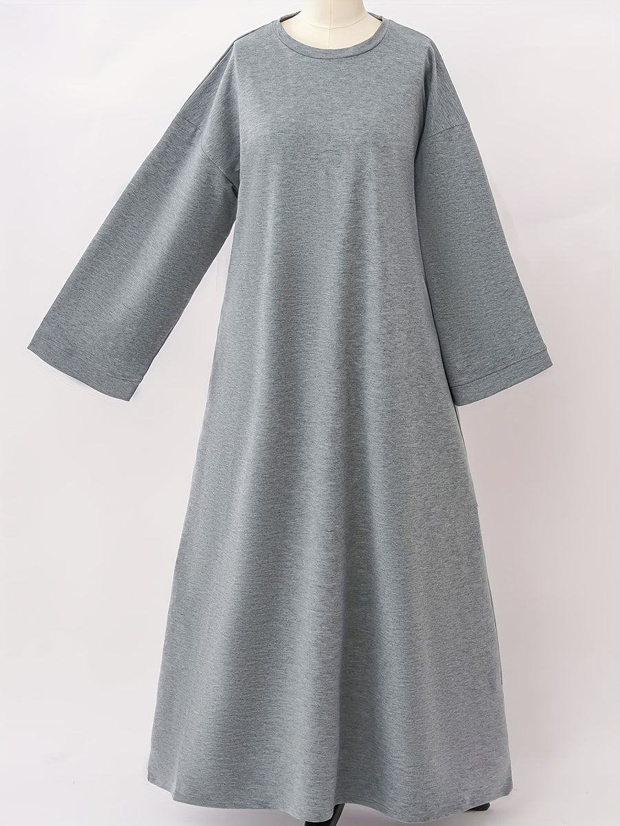 1pc Middle Eastern Sweatshirt Dress, Muslim Minimalist Solid Color Dress, Saudi Arabia Women's Elegant Round Neck Cover-Up Casual Inner Wear Dress with Pockets - Grey