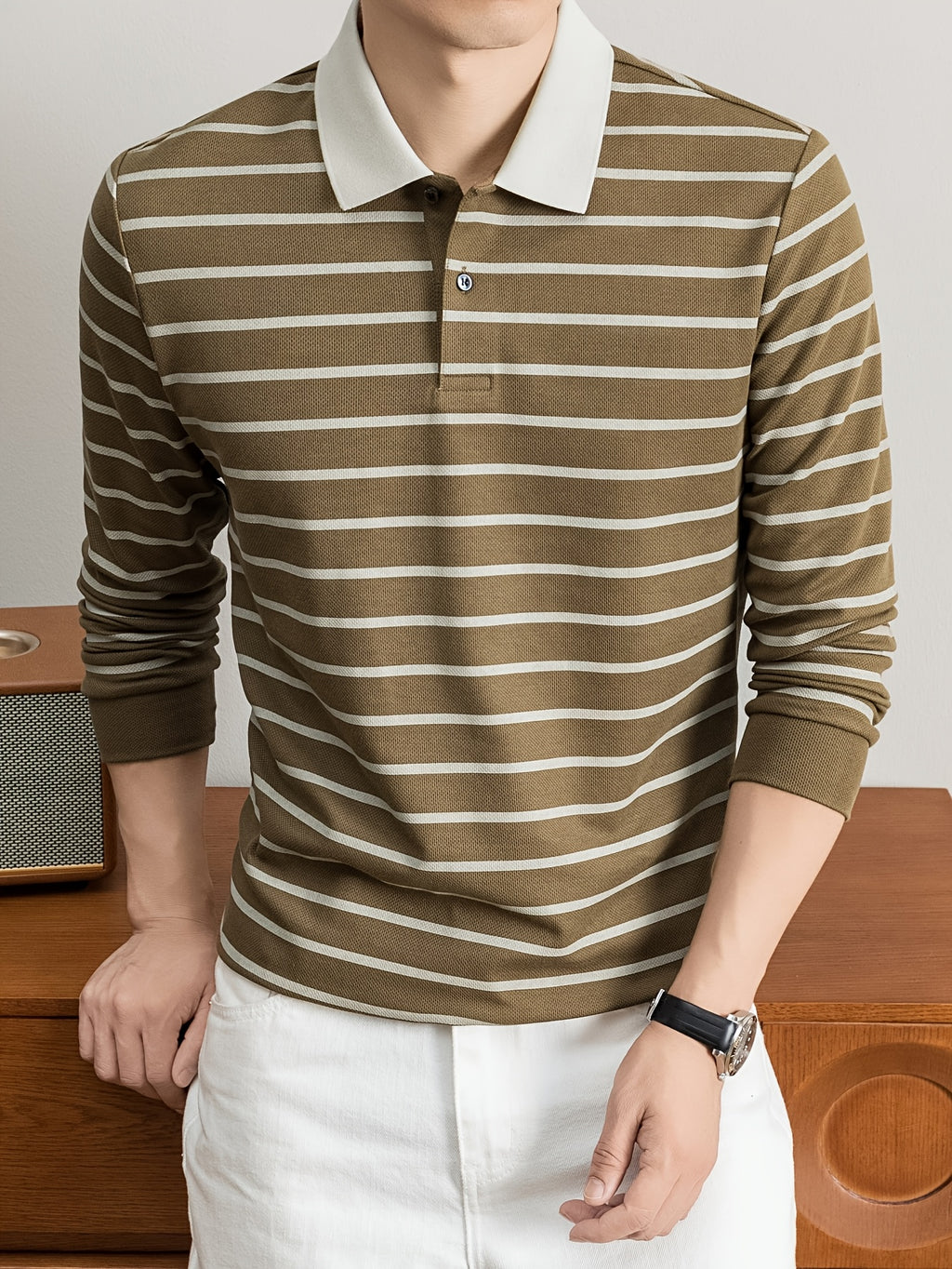 2026 Autumn Men's Long-Sleeve Striped Casual Lapel Polo Shirt - Coffee Color