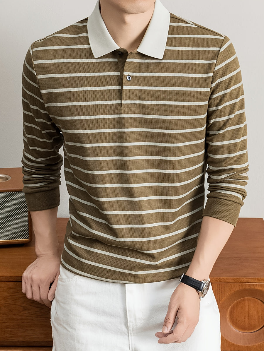 2026 Autumn Men's Long-Sleeve Striped Casual Lapel Polo Shirt - Coffee Color