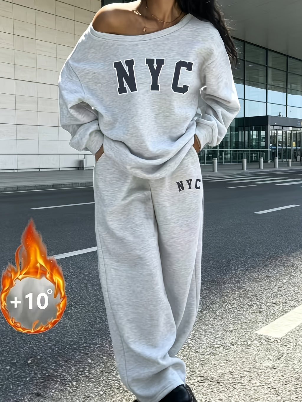 Retro Letter Print Women'S Athletic Off-Shoulder Fleece Loose Shorts And Long Pants 2pcs Set - Grey