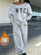 Retro Letter Print Women'S Athletic Off-Shoulder Fleece Loose Shorts And Long Pants 2pcs Set - Grey