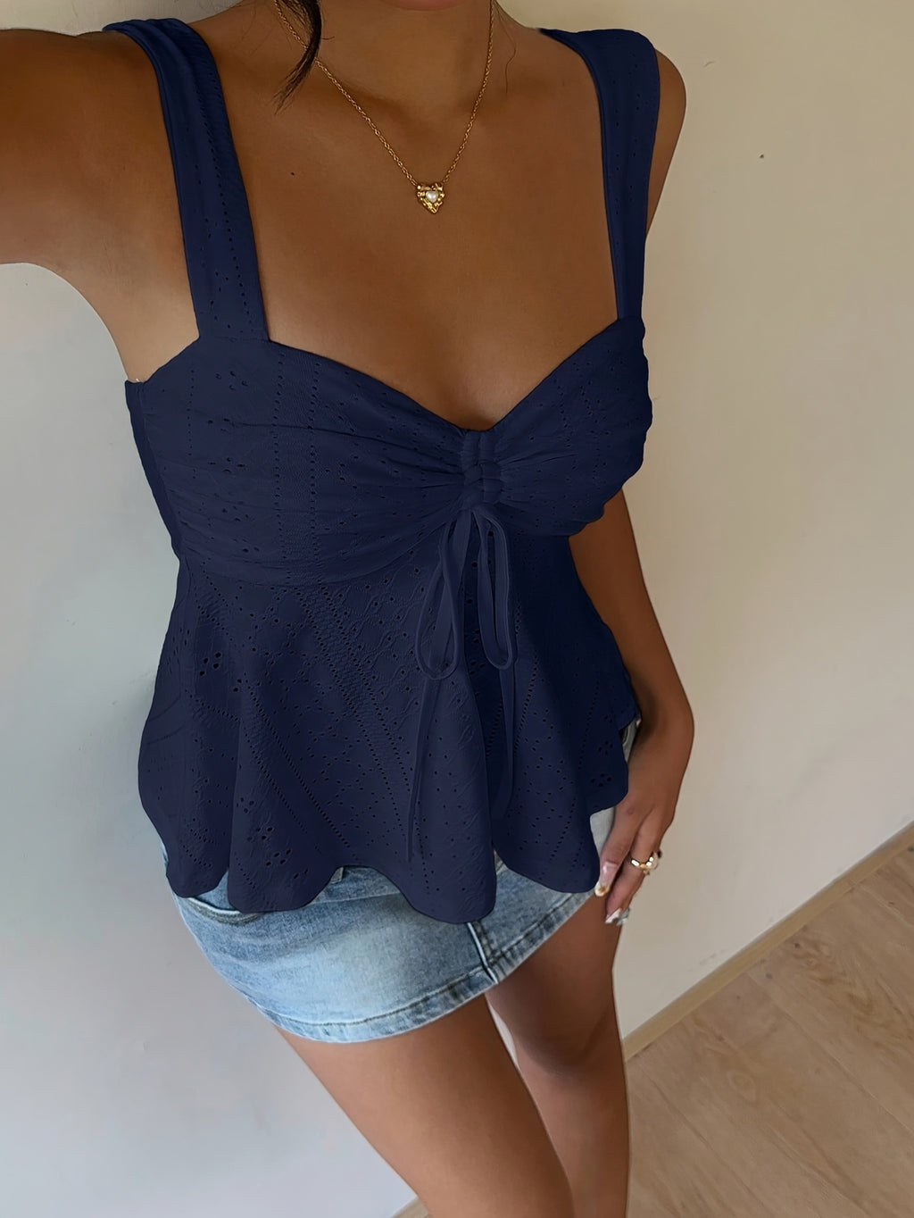 Women'S Casual Front-Drawstring Vest, Women'S Outing Top, Vacation, Cute Summer Top - Navy Color